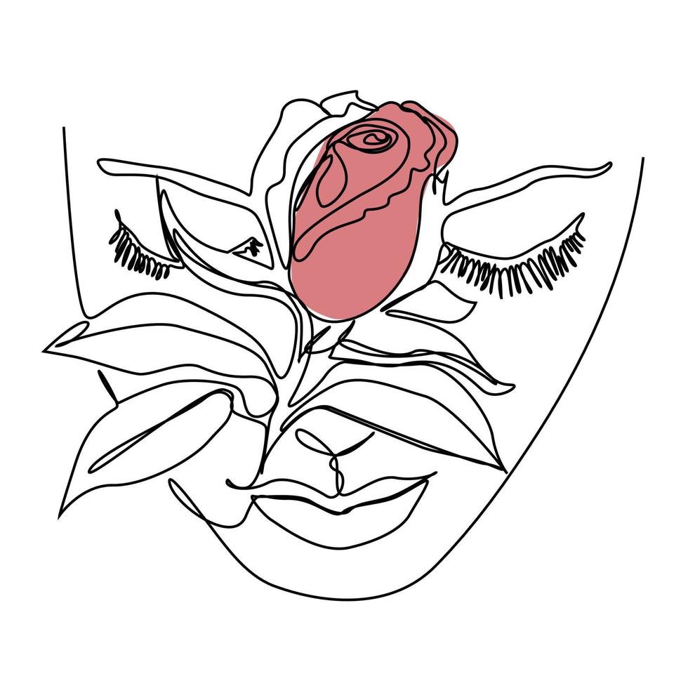 Rostro de mujer en estilo artístico de una sola línea con flores y hojas de líneas continuas en un estilo elegante. vector