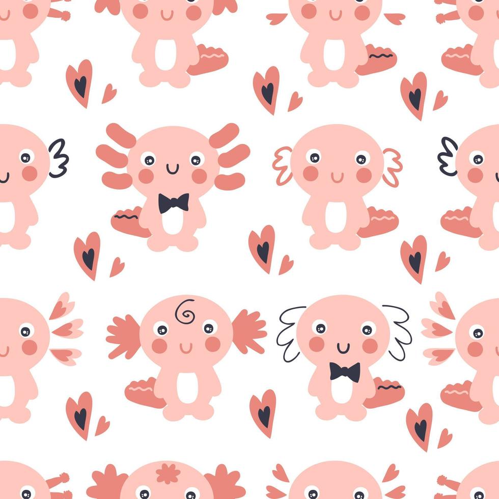 Hand drawn valentine seamless pattern with axolotls and hearts. vector