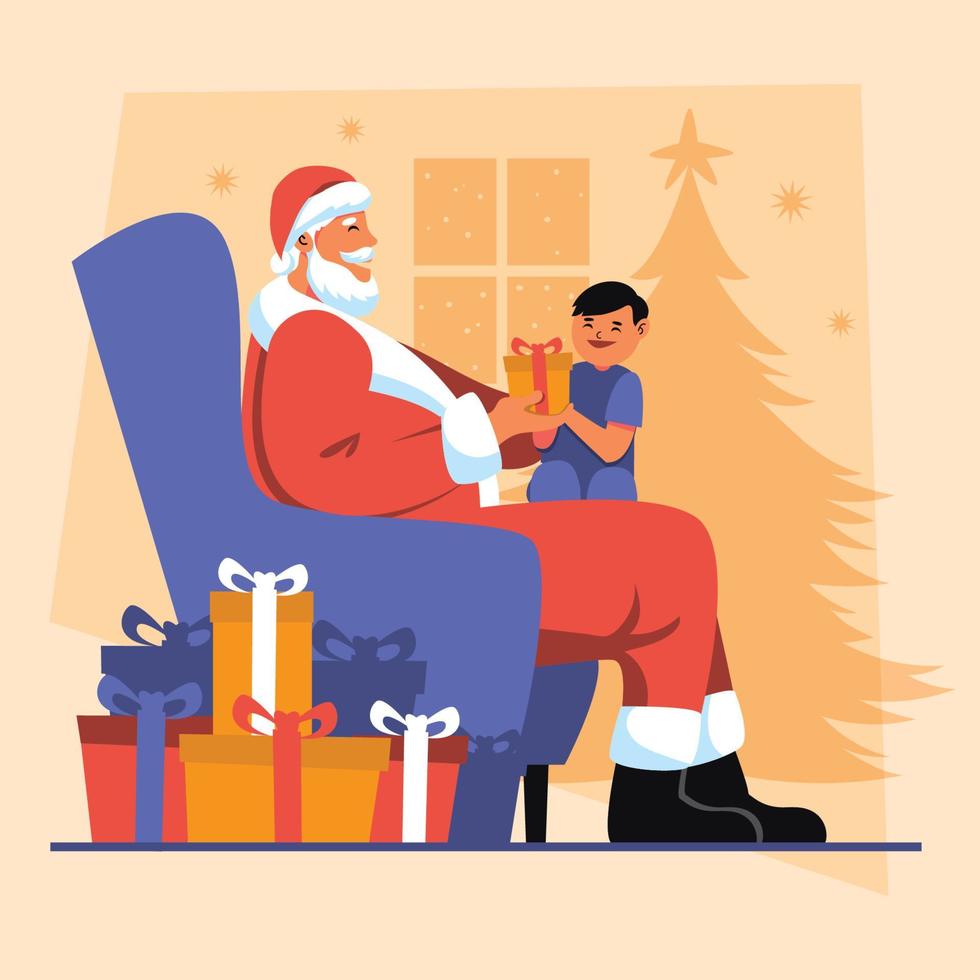 santa claus con un niño y regalos de navidad vector