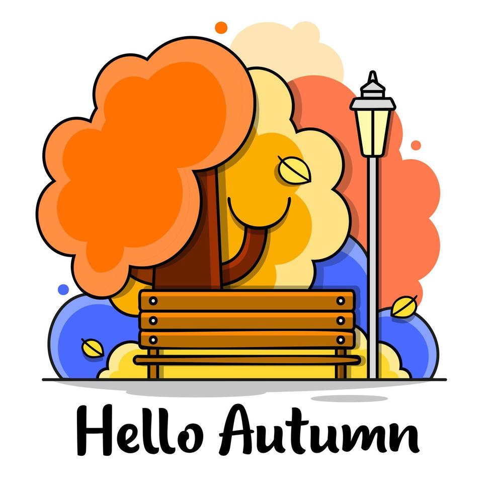 Hola otoño. adiós verano. la caligrafía de tendencia. ilustración vectorial en el fondo de hojas de otoño. vector