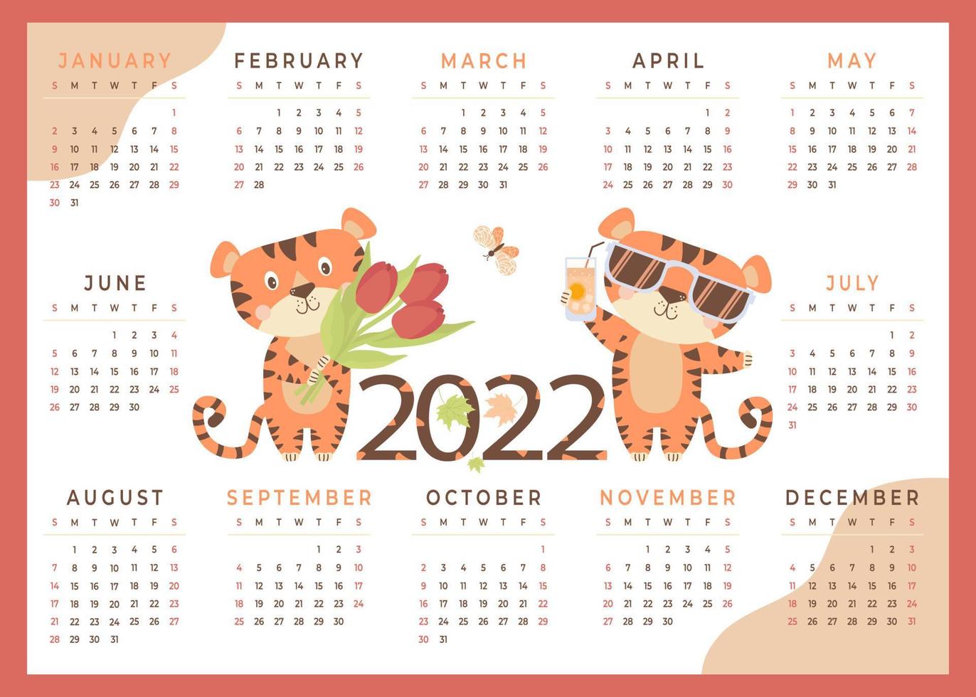 2022. Childrens Tiger calendar 2022 with cute animals. Tiger symbol of the new year 2022. Vector illustration