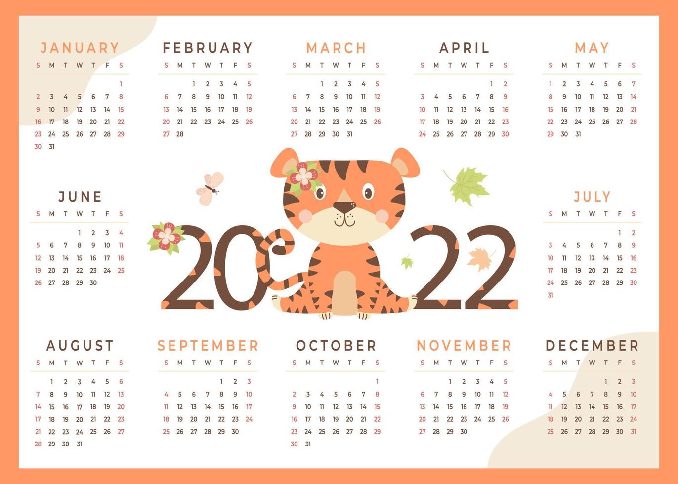 Tiger calendar for 2022. Tiger symbol of the new year 2022. Childrens calendar with a cute animal, flowers and butterfly. Vector. 12 months calendar horizontal template. vector