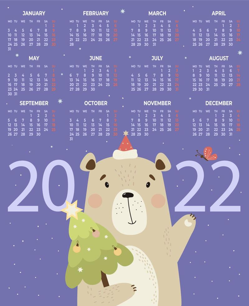 Calendar for 2022 with Cute bear Santa and Christmas tree On purple background. Vector illustration. Vertical calendar template A3 for 12 months in English. Week starts From Monday