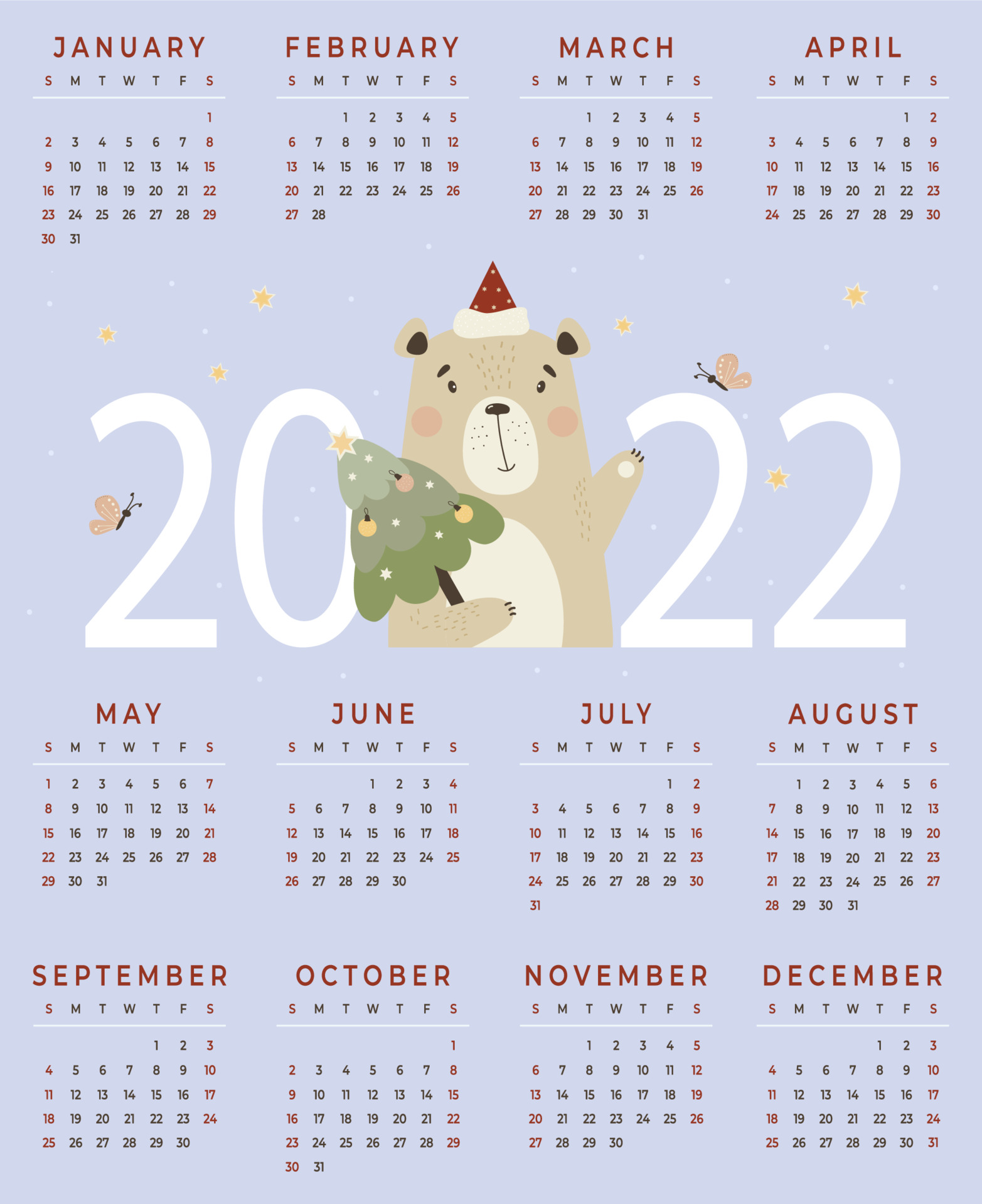 calendar for 2022 cute santa bear with christmas tree vector illustration vertical calendar template a3 for 12 months in english week starts on sunday 3706317 vector art at vecteezy