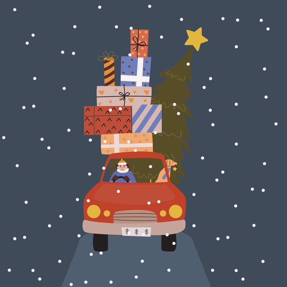 Christmas Card. A Car With Gifts And A Christmas Tree. Man And A Dog Inside A Car. vector