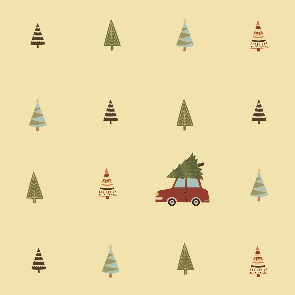 Set Of Christmas Trees And A Car Carrying A Christmas Tree. vector