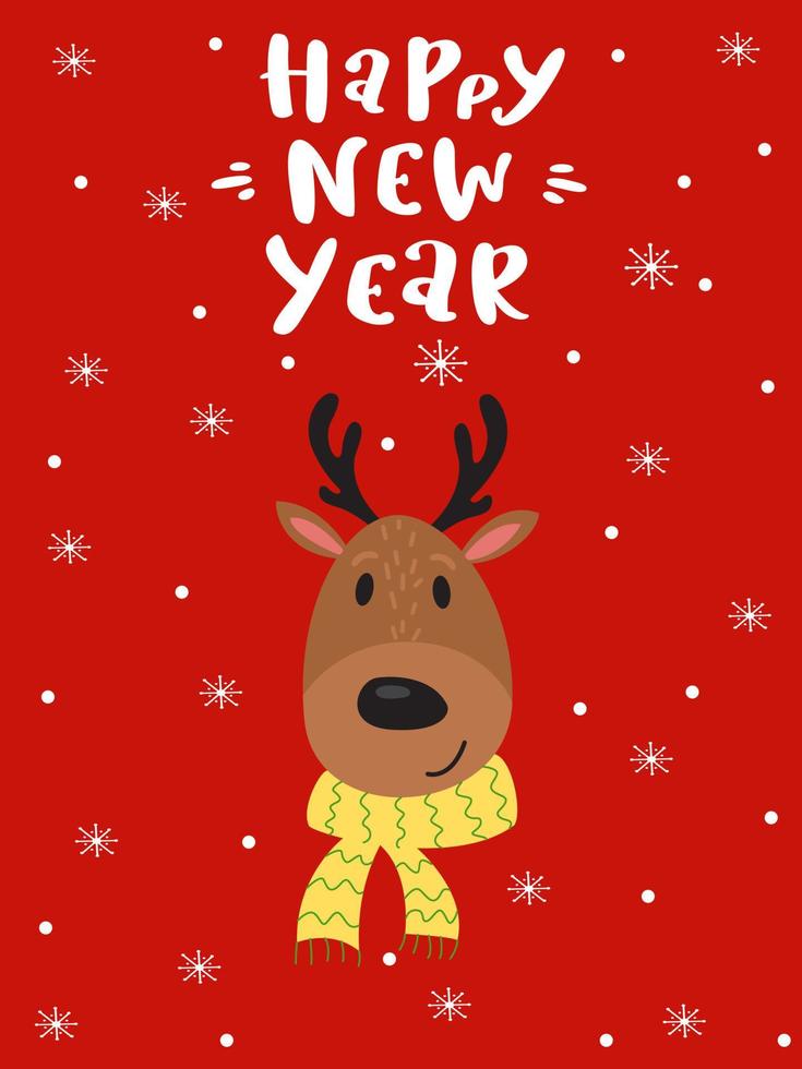 The Inscription Happy New Year And The Head Of A Deer In A Scarf. vector