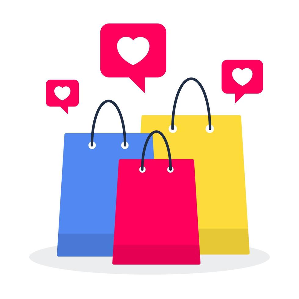 Grupo de coloridas bolsas de la compra con burbuja de corazón aislado sobre fondo blanco. concepto creativo de compras. Ilustración de vector de objeto lindo de moda simple. elemento de icono de diseño gráfico de estilo plano.