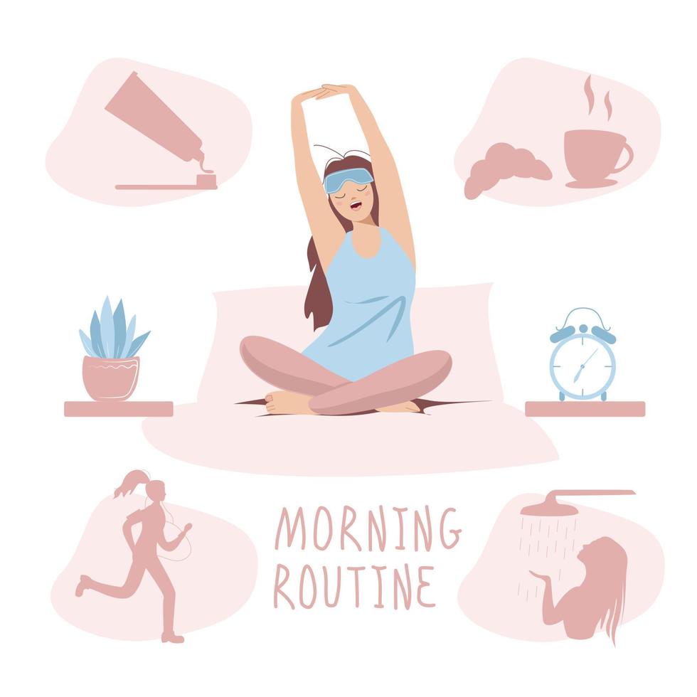 The girl is sitting on the bed in the morning stretching and yawning vector