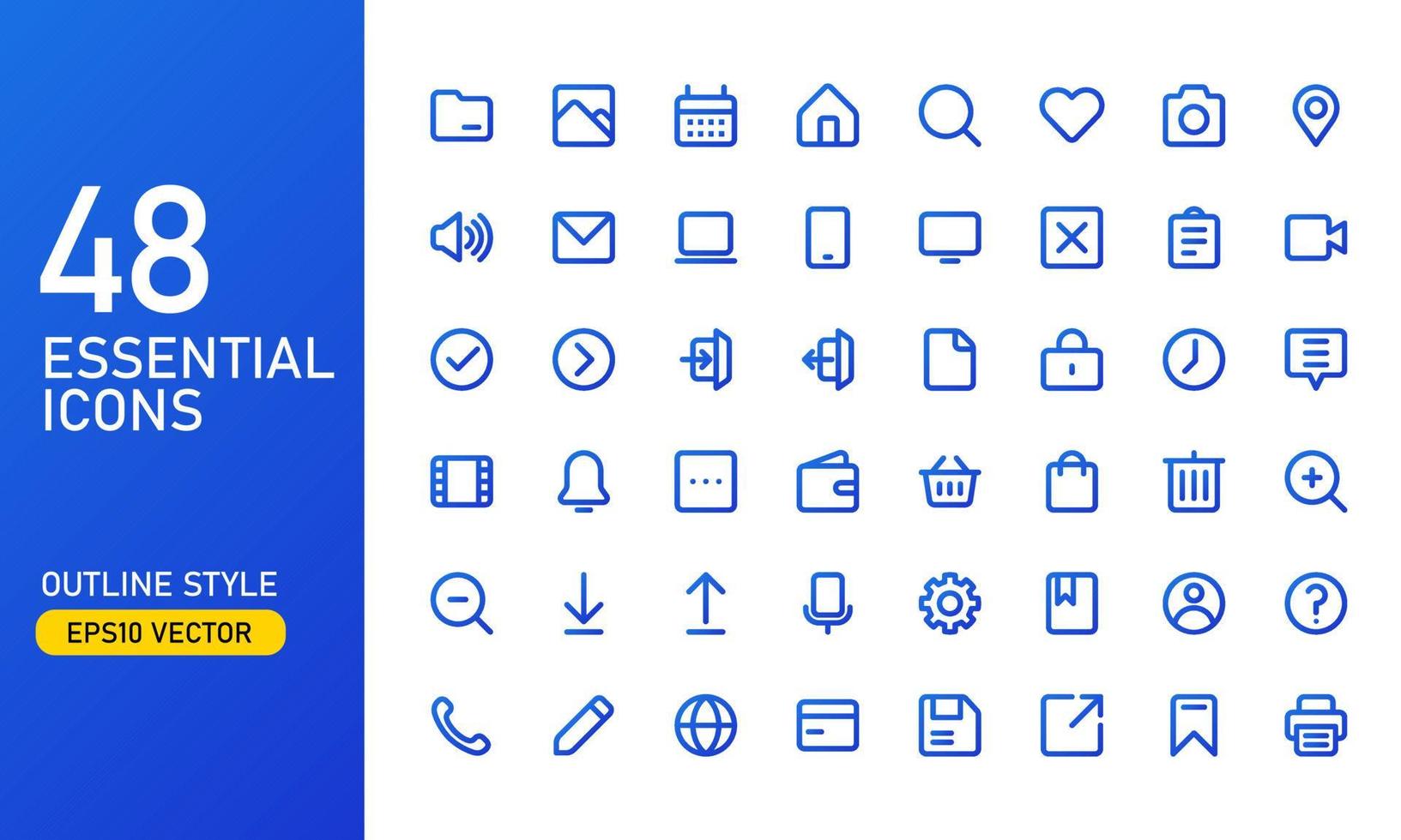 A collection of frequently used essential icons. Suitable for design elements of UI and UX. Essential icon set in outline style. vector