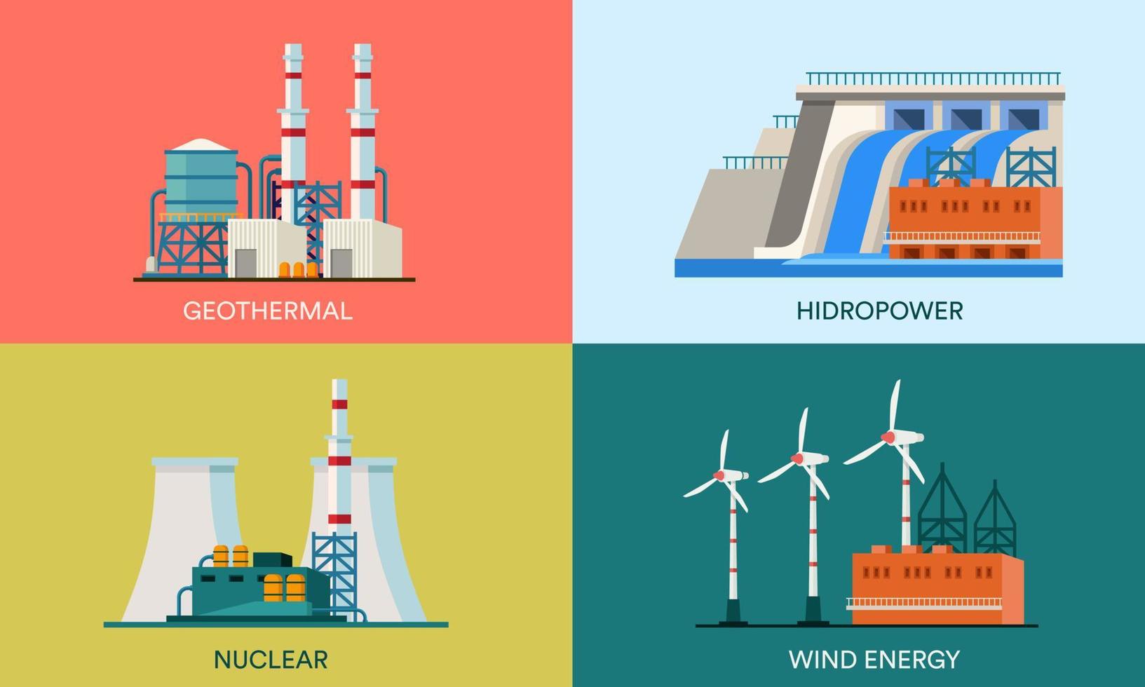 A collection of flat illustrations of geothermal, nuclear, hydropower and wind power plants. Suitable for design elements of web page backgrounds and eco-friendly renewable energy posters. vector