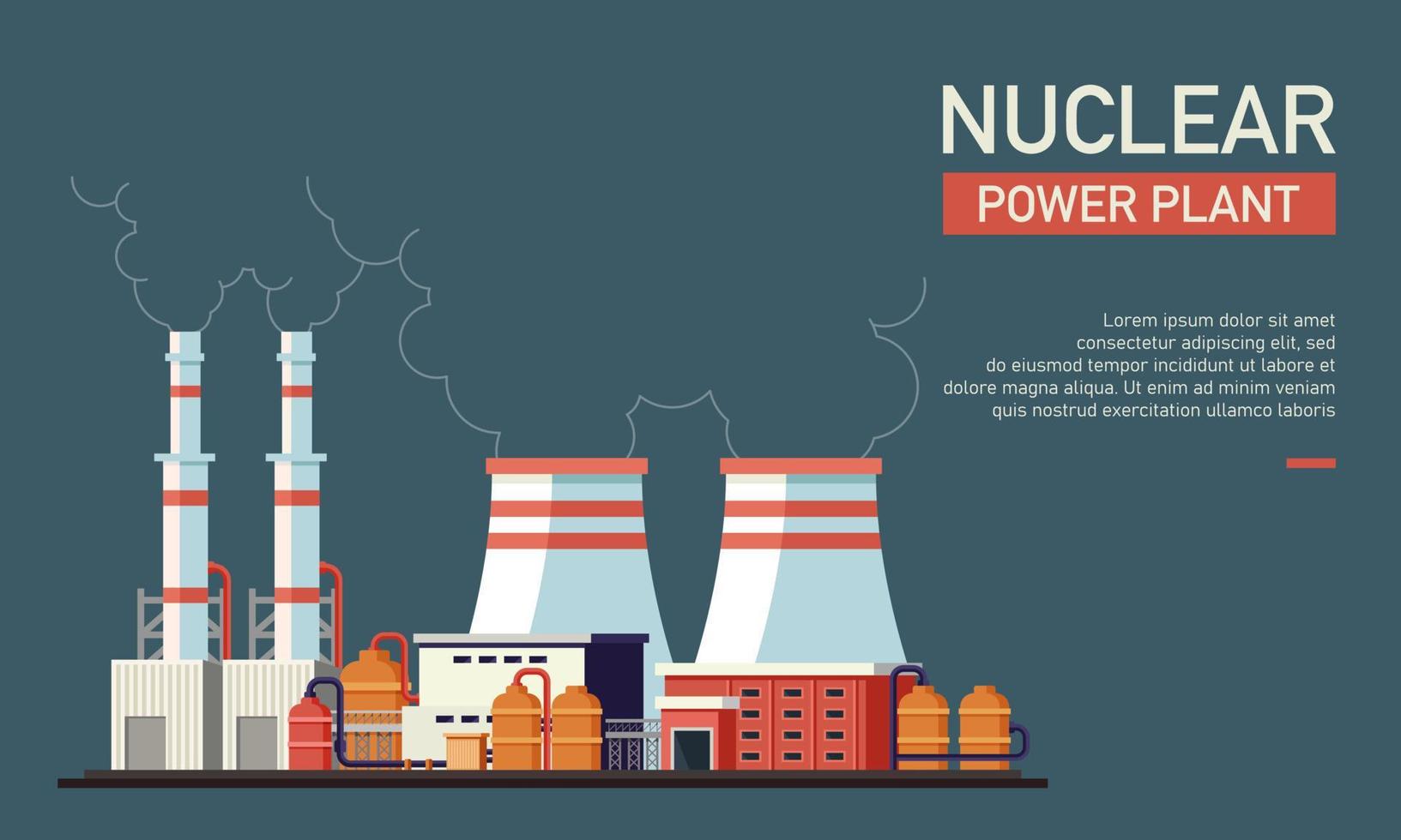 Flat vector illustration of nuclear power plant. Suitable for design element form nuclear company website background, eco friendly and renewable energy infographic.