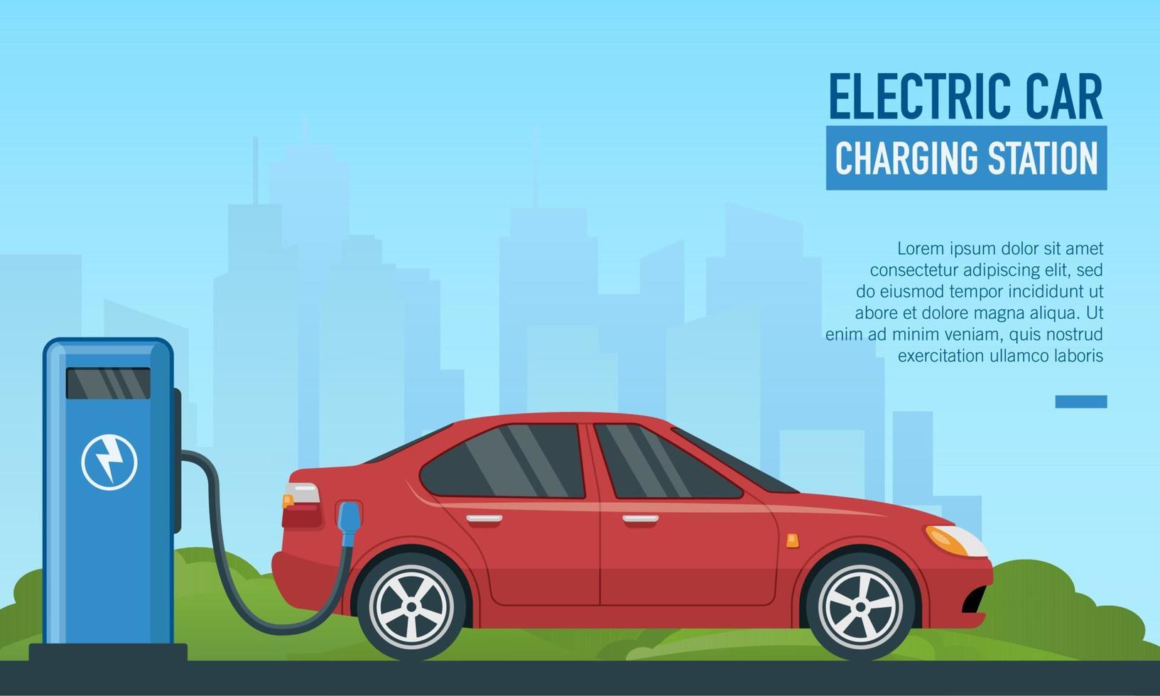 Ilustración de vector plano de la estación de carga de coches eléctricos. Adecuado para el diseño de fondo de vehículos ecológicos, empresas de automóviles eléctricos y carteles de energías renovables.