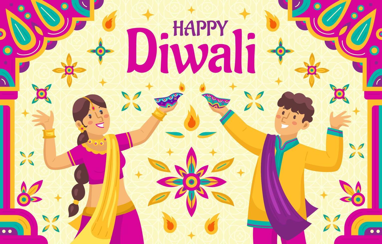 parejas saludando feliz día de la fiesta de diwali vector