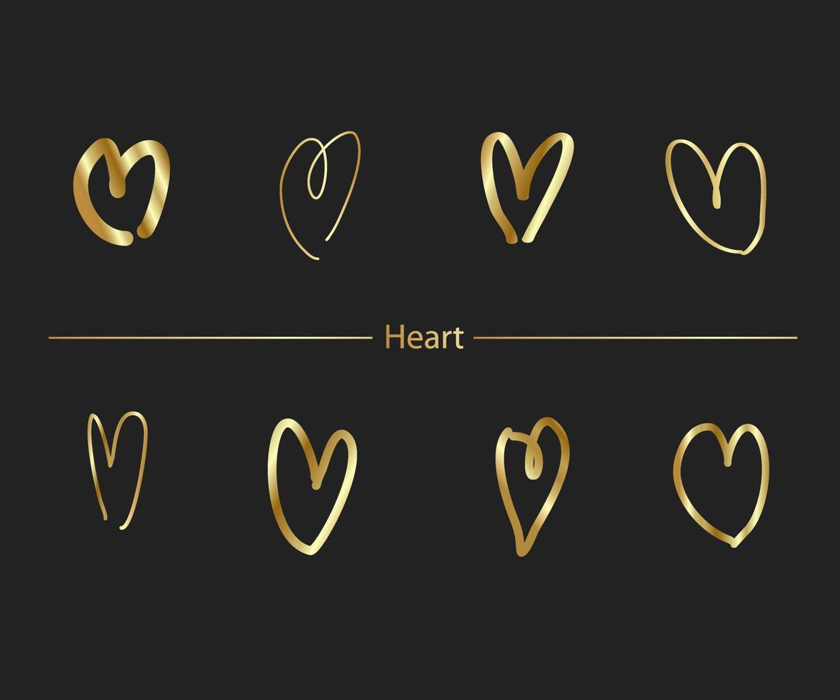 Gold Hearts. Hand drawn hearts brushes. Hand painted heart shape. Symbol of love Valentine's Day wedding cards. Vector illustration
