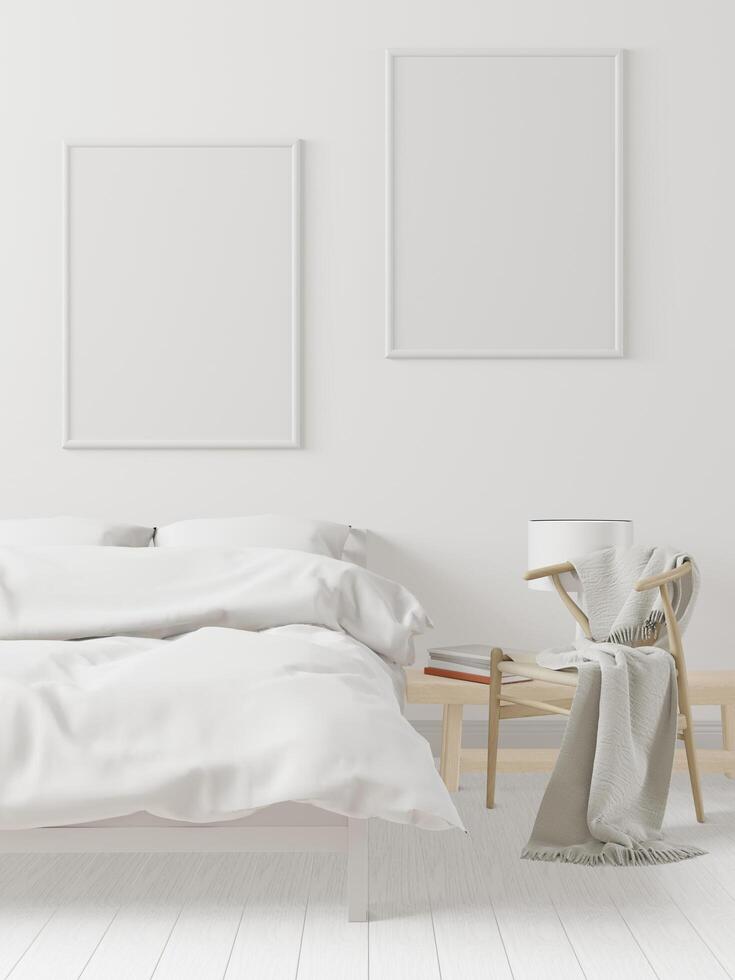 Bedroom with bed and picture frame mounted on the wall. 3d style. photo
