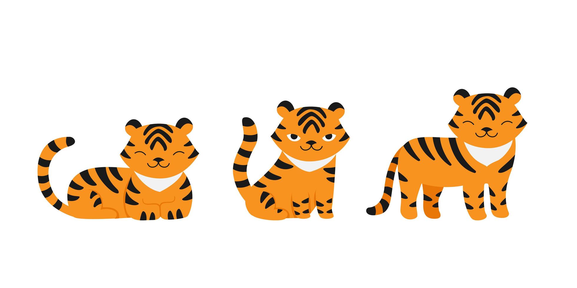 establecer lindos personajes de tigre. estilo plano vectorial. vector