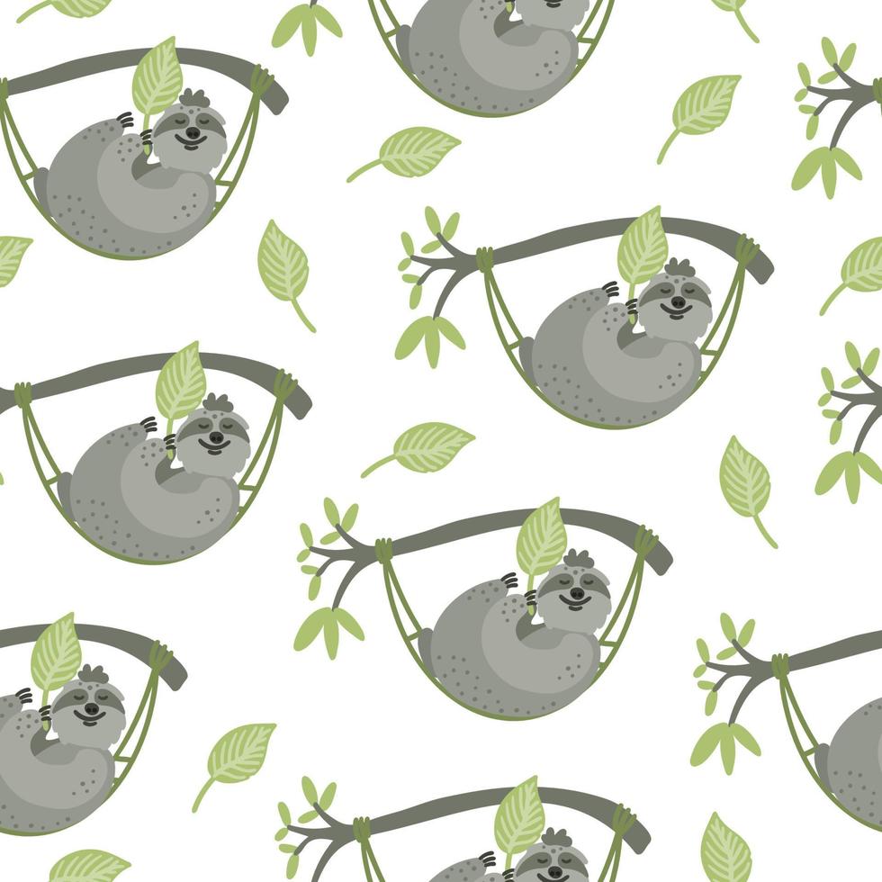 Seamless pattern with cute sloths lying in hammocks. vector