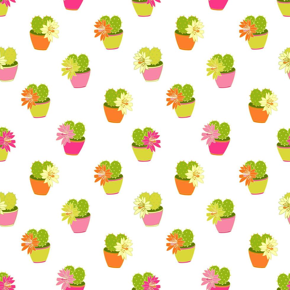 Seamless pattern with cactuses in bright colorful pots vector