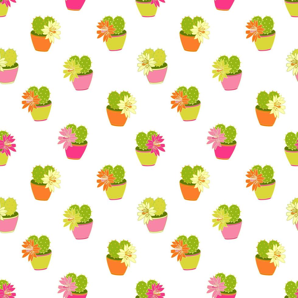 Seamless pattern with cactuses in bright colorful pots vector