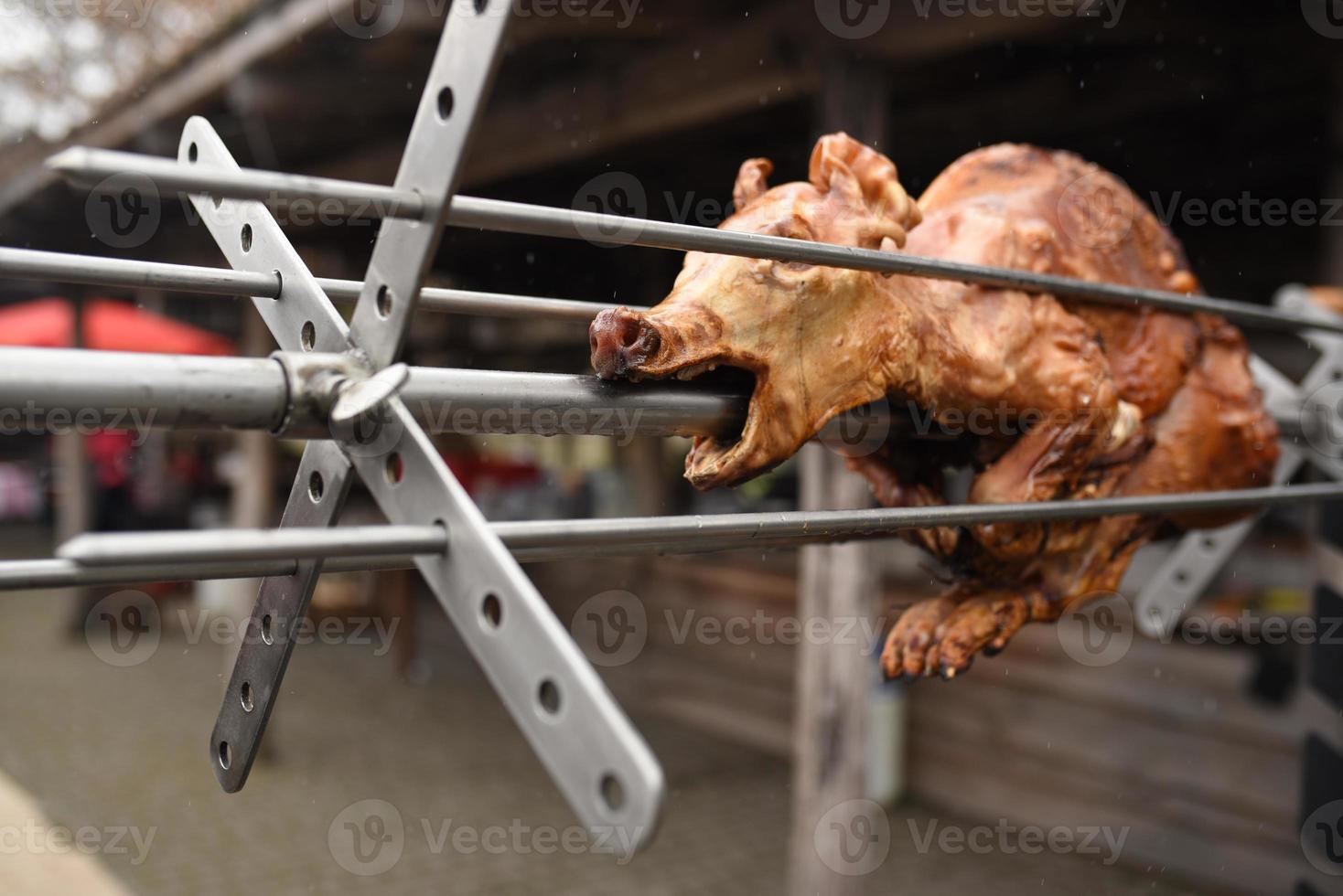 on the grill on an open fire, roast a pig photo