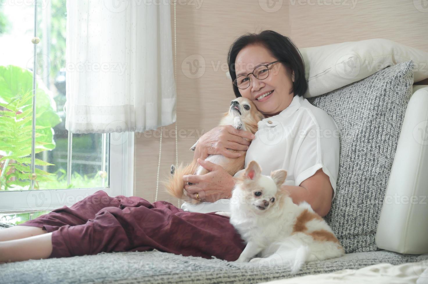 los ancianos están sentados felizmente descansando en el sofá con los perros. foto