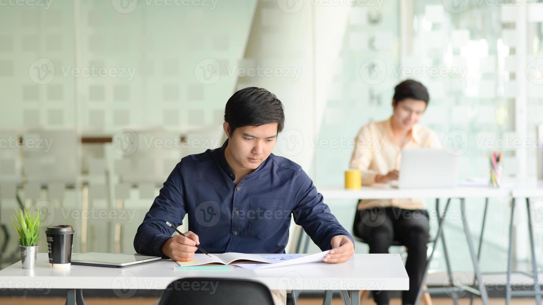 Two professional business men work on projects together in a modern office. photo