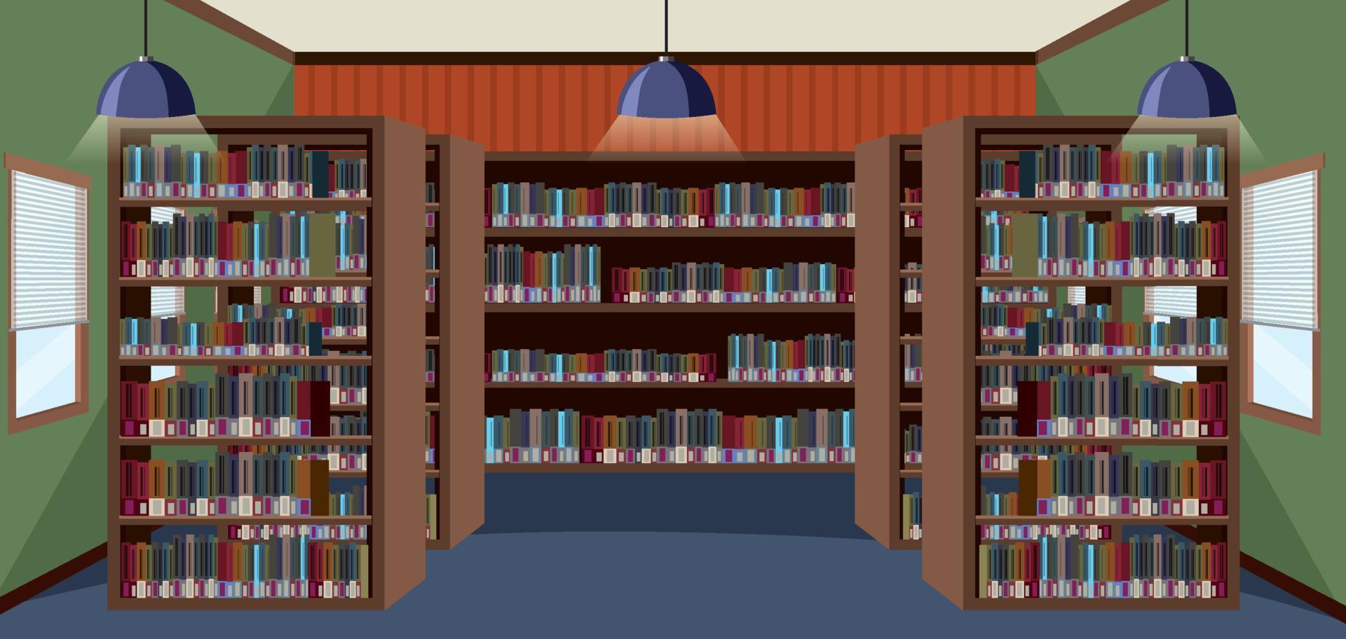 Diseño interior de biblioteca vacía con estanterías. vector