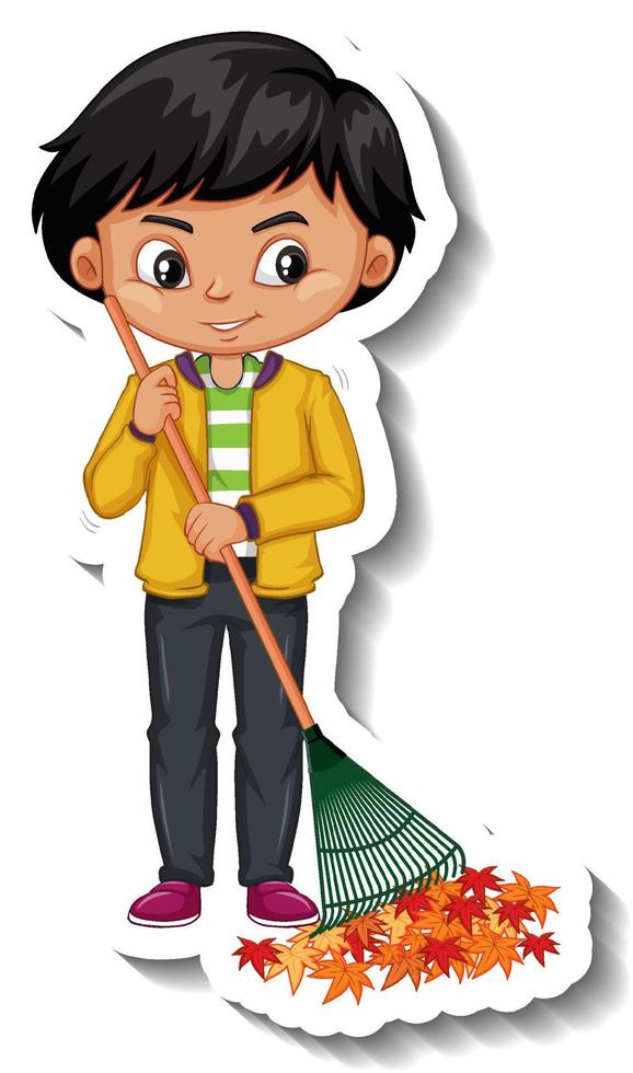 A boy holding broom cartoon character sticker vector