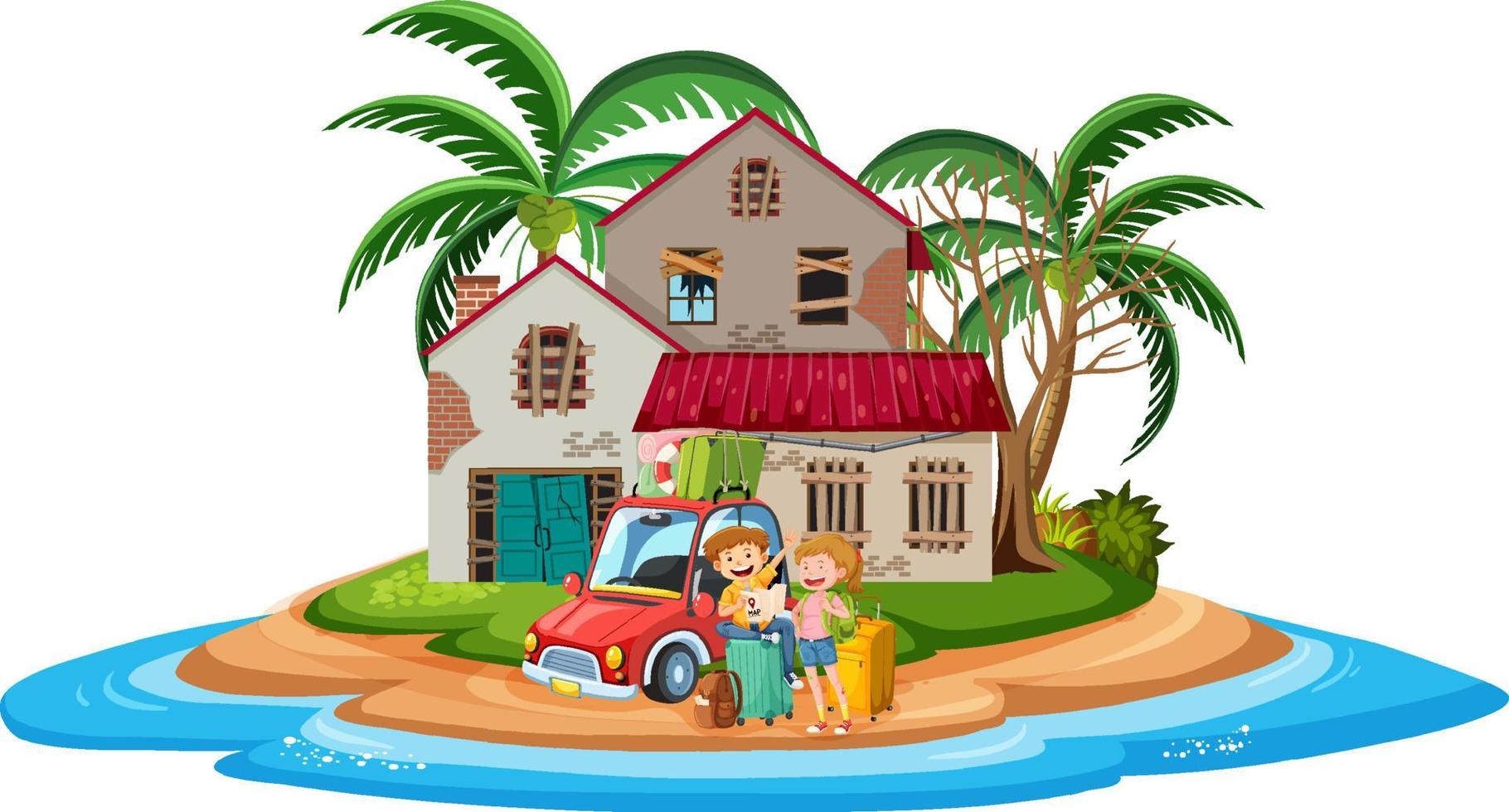 Couple in front of an abandon beach house on the island vector