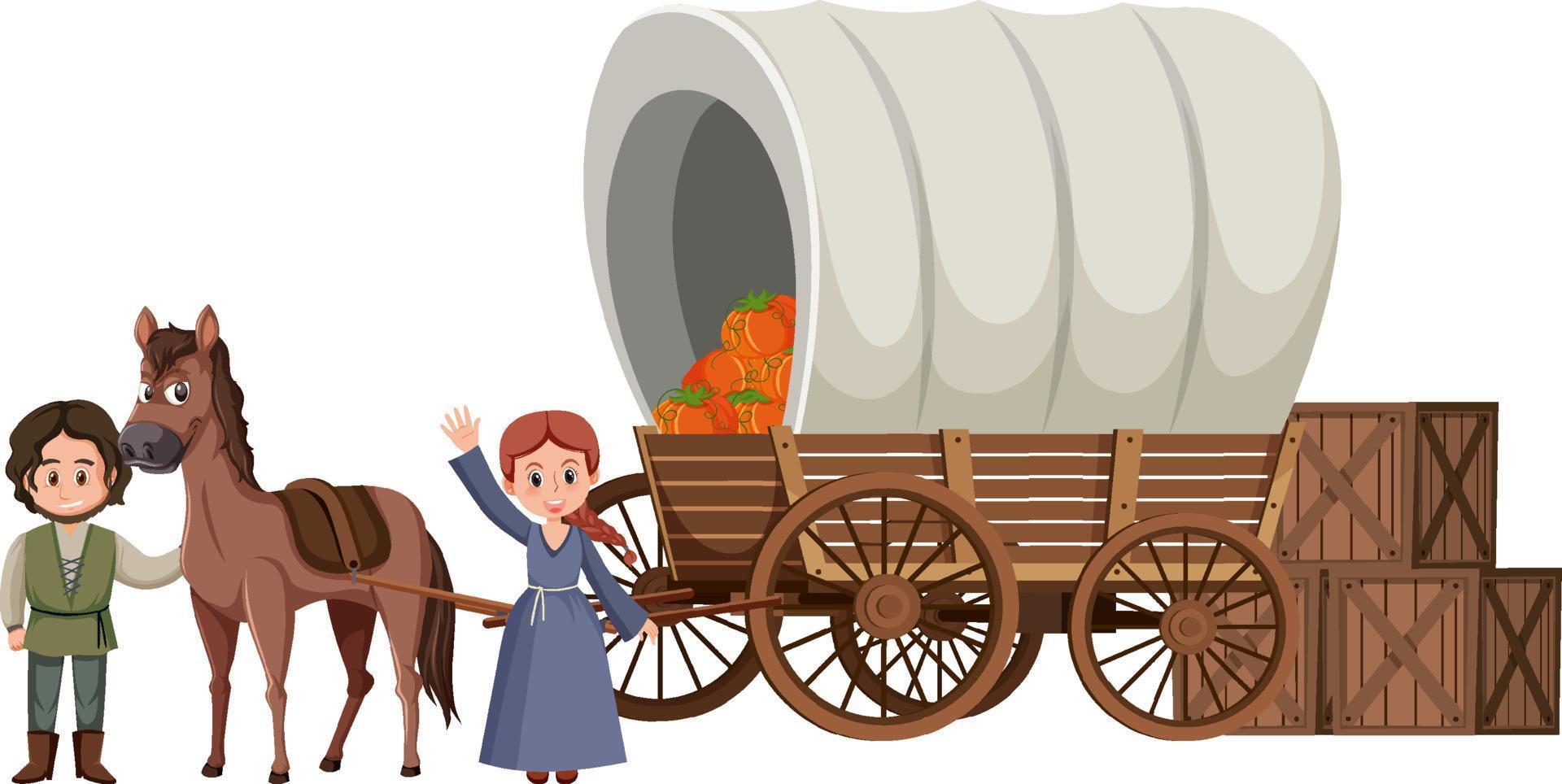 Medieval wooden wagon with peasants vector