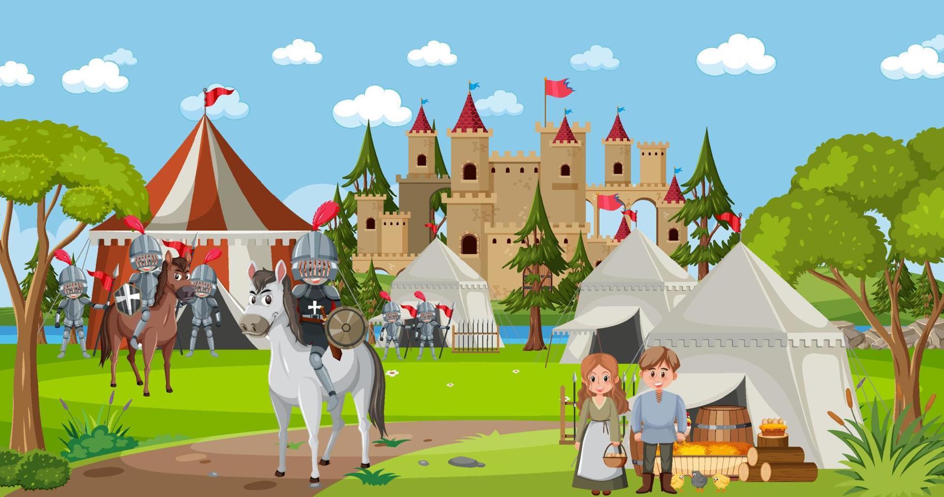 Medieval town scene with villagers vector