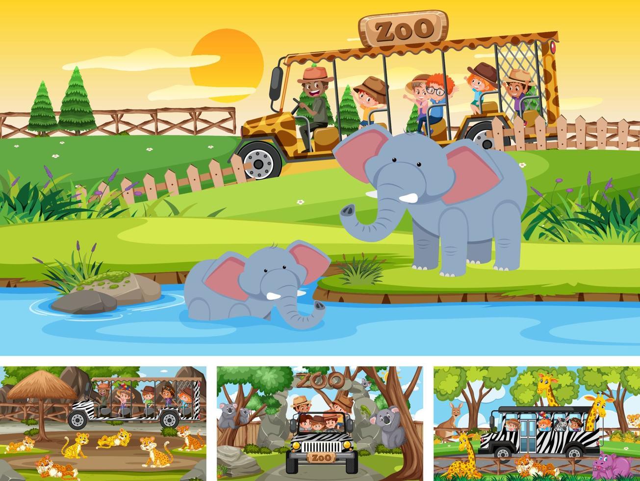 Set of different scenes with pirate ship at the sea and animals in the zoo vector