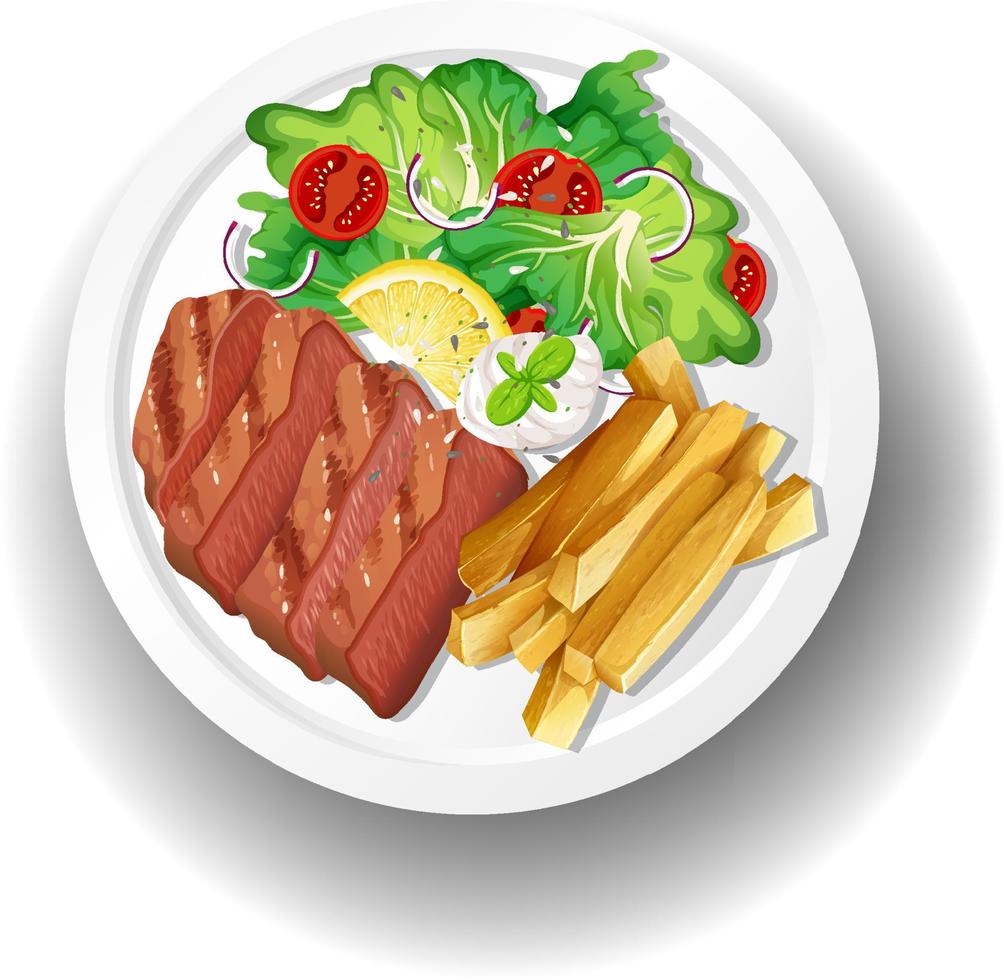 Healthy breakfast with steak and french fried and salad vector