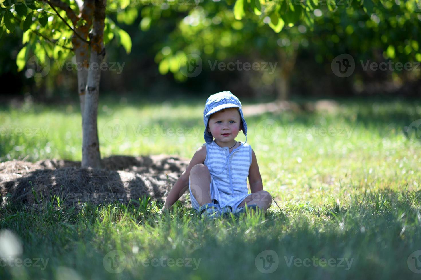 hermoso, nene, en, niño, jardín, posar, fotógrafo foto