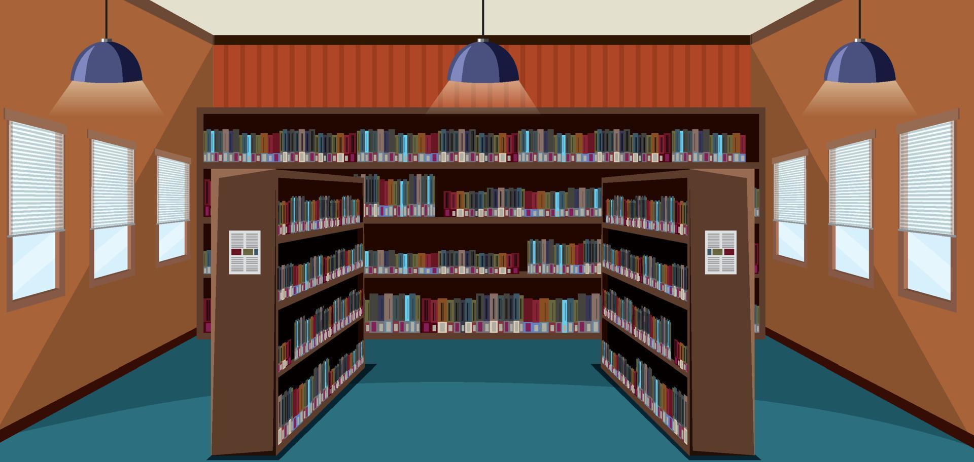 Empty library interior design with bookshelves vector