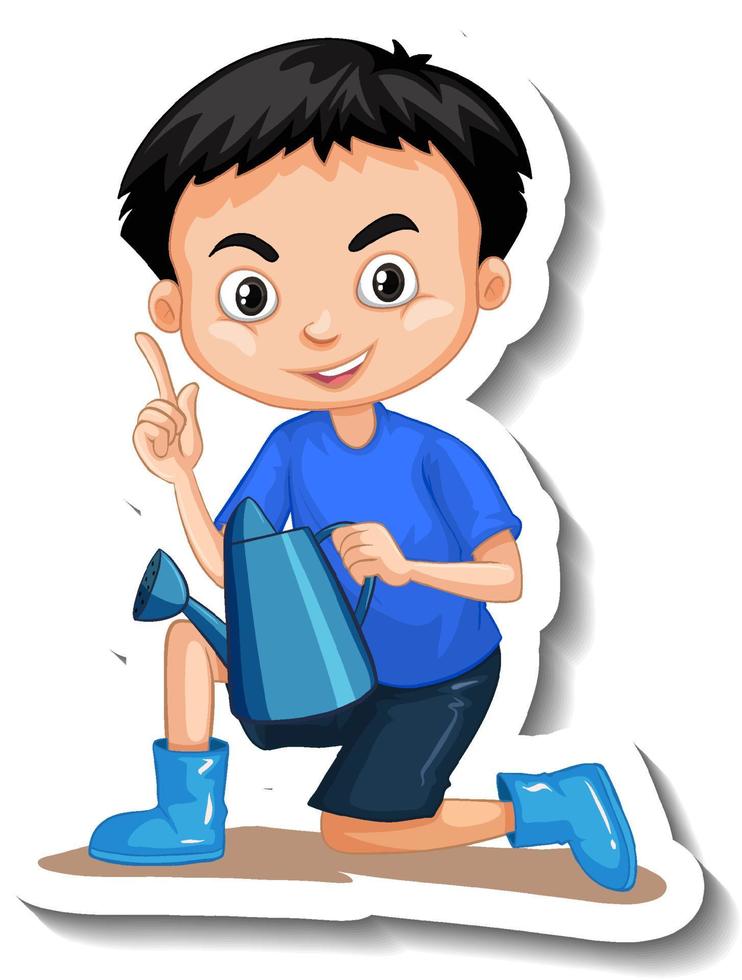 un niño sosteniendo una regadera pegatina de personaje de dibujos animados vector
