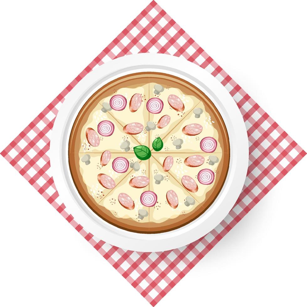 Top view of cheese pizza on tablecloth vector