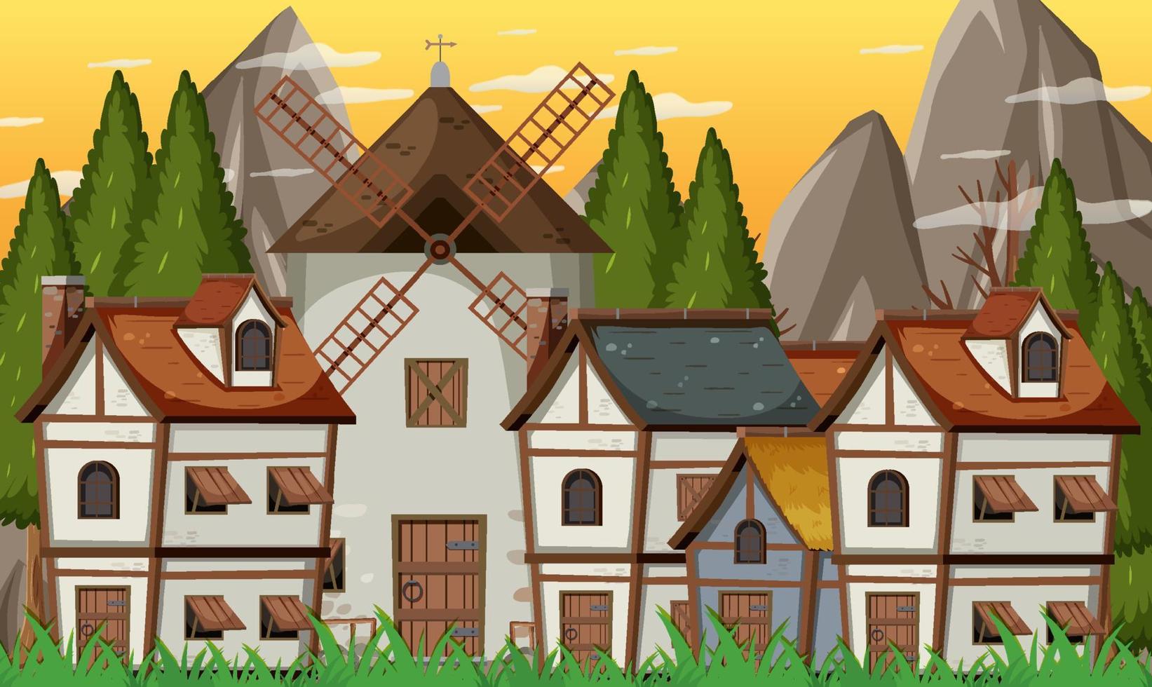Escena de pueblo medieval con molino de viento y casas. vector