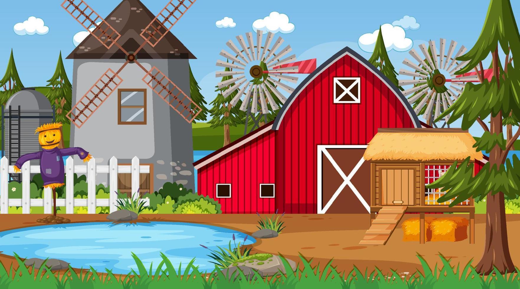 Empty farm scene with red barn and windmill vector