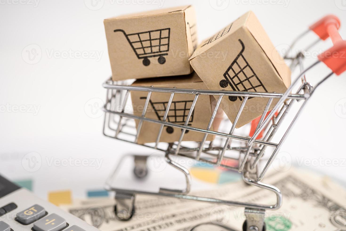 Shopping cart logo on box with graph background. Banking Account, Investment Analytic research data economy, trading, Business import export transportation online company concept. photo