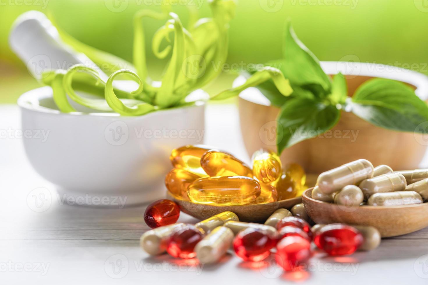 Alternative medicine nature herbal organic capsule, drug with herbs leaf natural supplements for healthy good life. photo