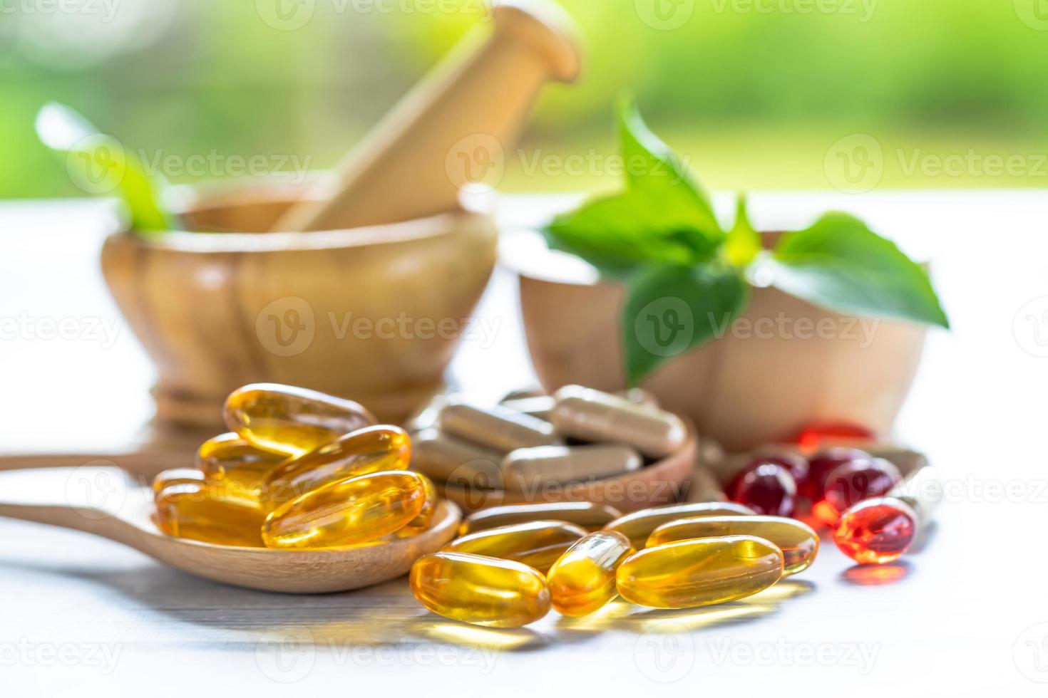 Alternative medicine nature herbal organic capsule, drug with herbs leaf natural supplements for healthy good life. photo