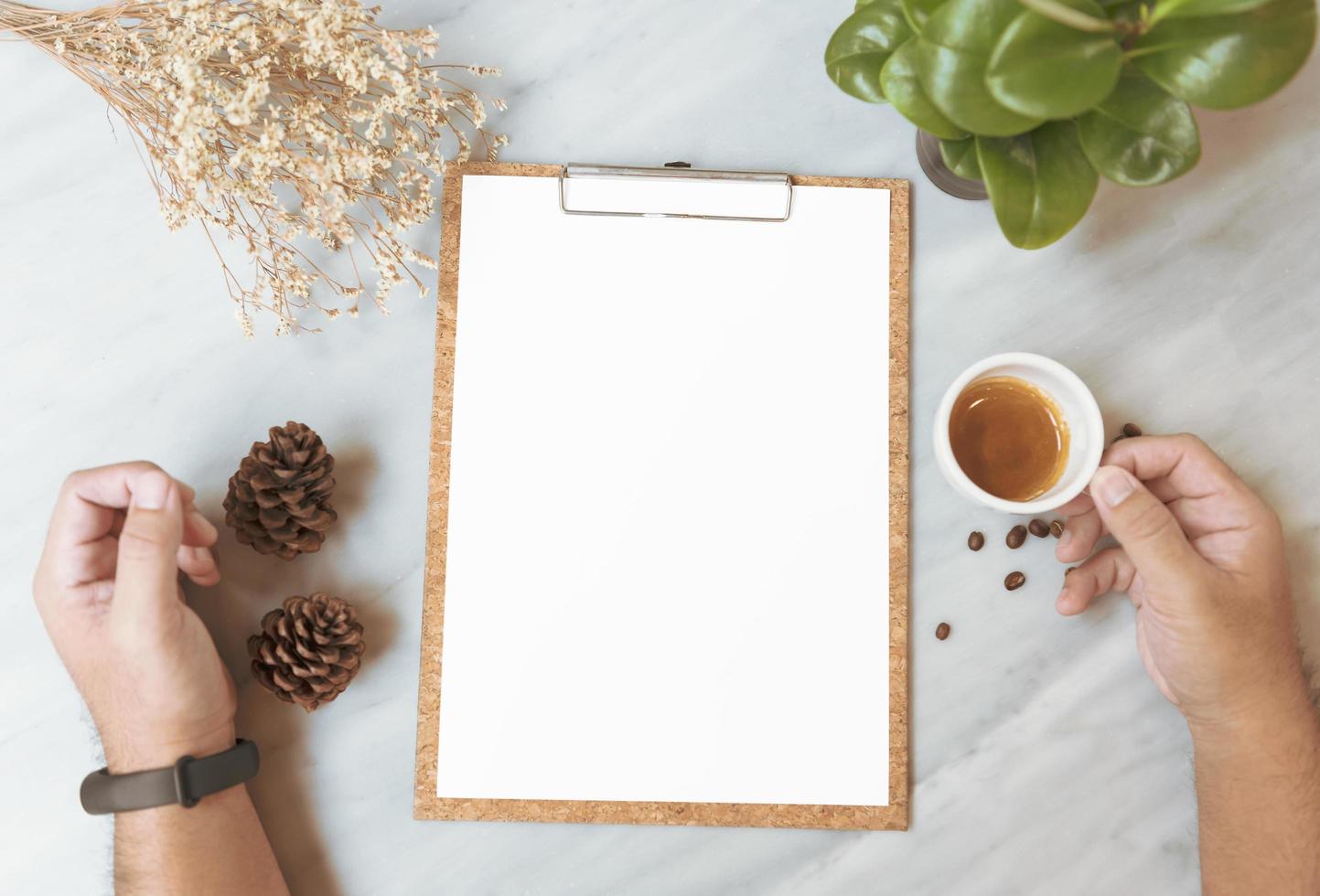 Menu paper mockup with coffee cup in restaurant for input design list text. photo