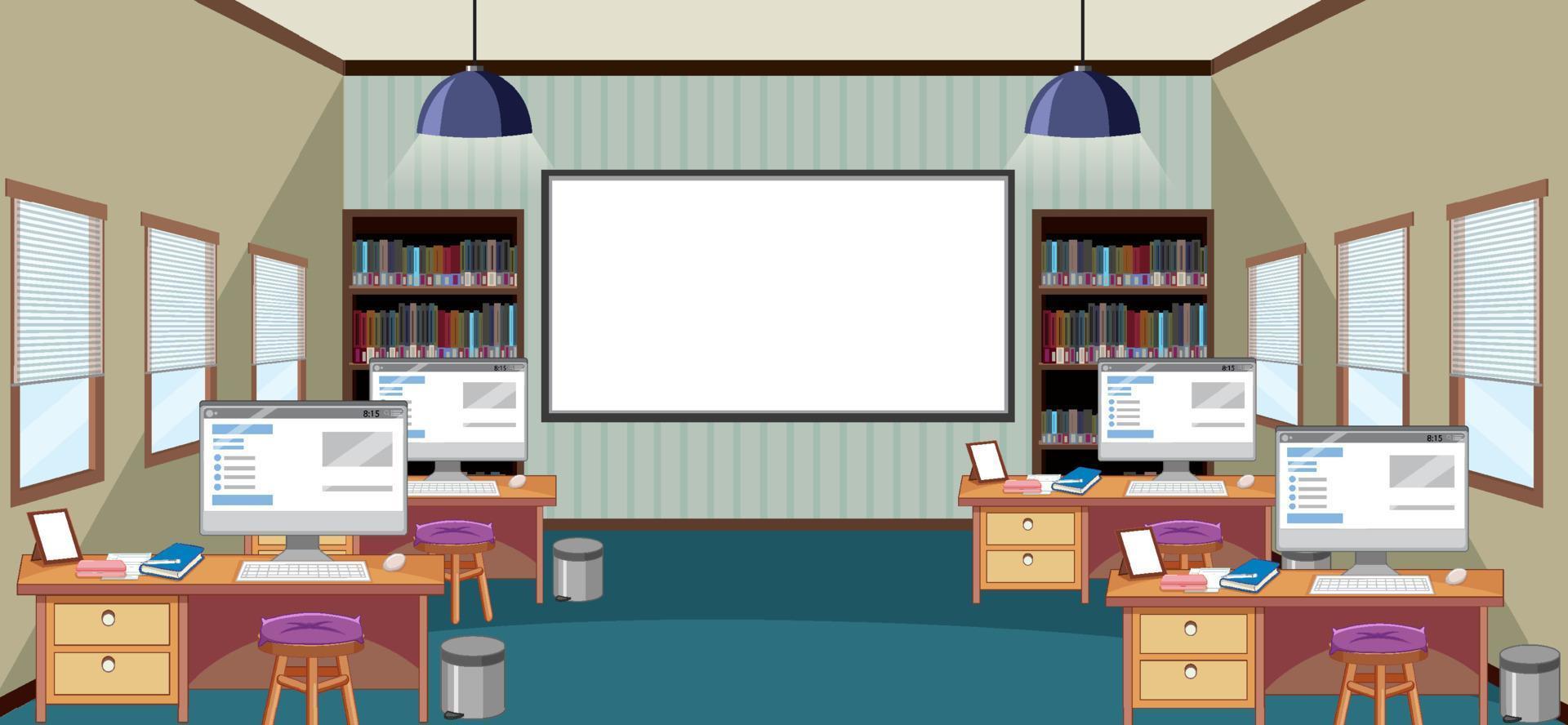 Empty library interior design with bookshelves vector