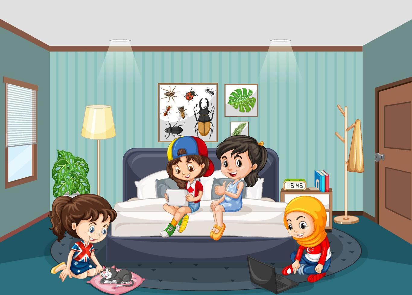 interior de dormitorio con personaje de dibujos animados de niños vector