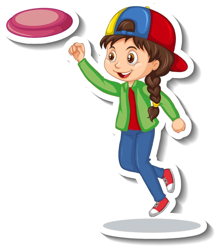 Girl playing frisbee cartoon character sticker vector