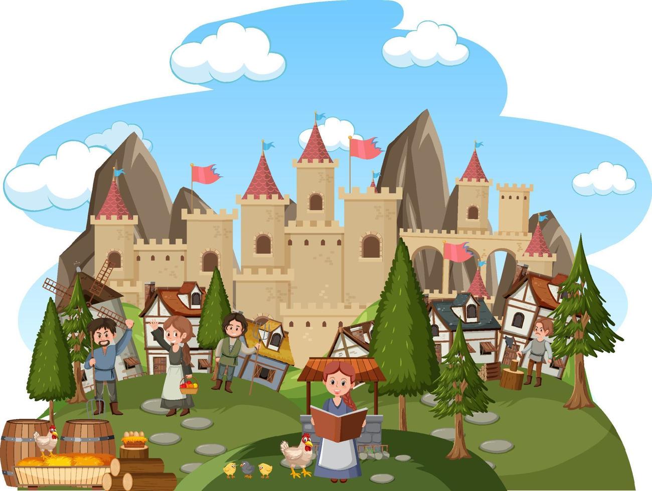 Medieval village with villagers on white background vector