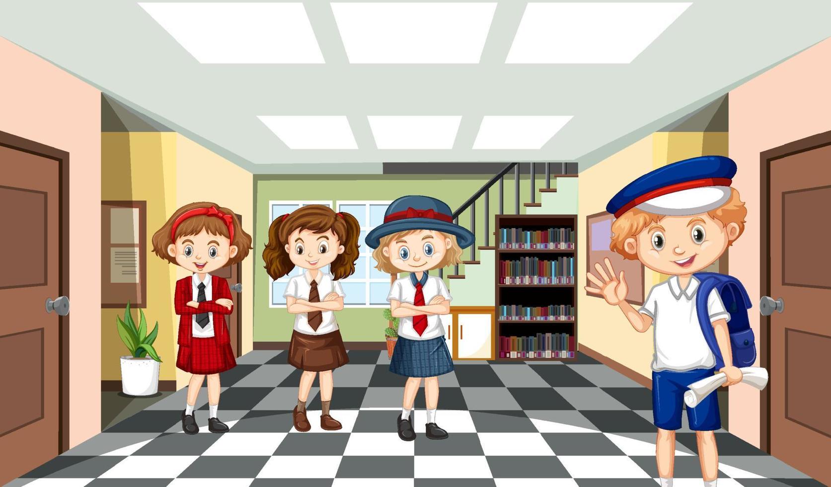 escena escolar con personaje de dibujos animados de estudiantes vector