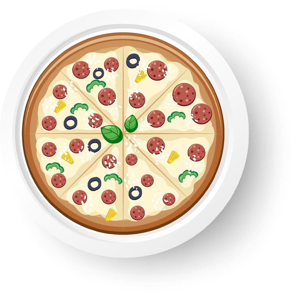 Vista superior de la pizza de salami con queso sobre fondo blanco. vector